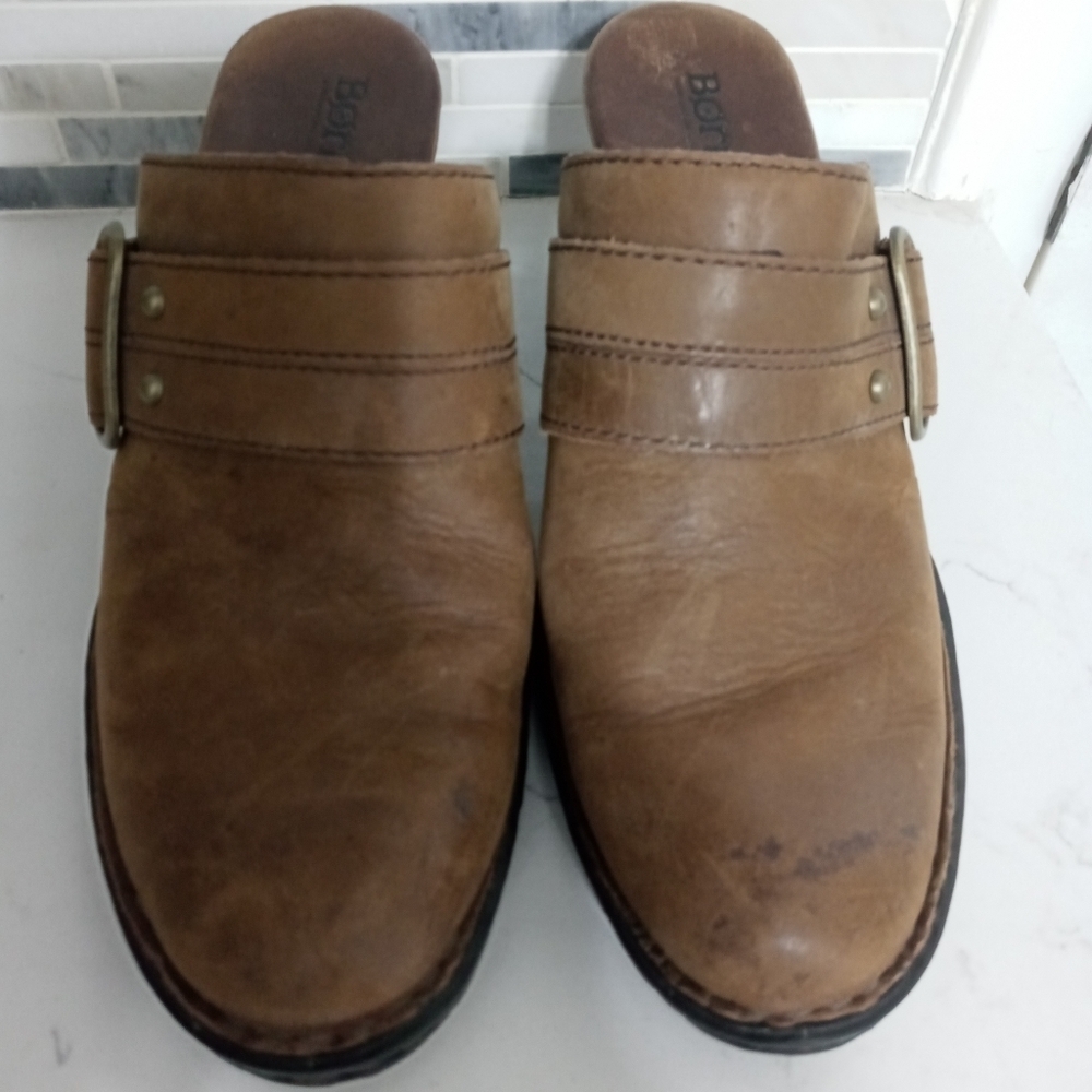Born Genuine Leather Distressed Light Brown Mules Buckle accent Strap block Heel - Picture 2 of 11